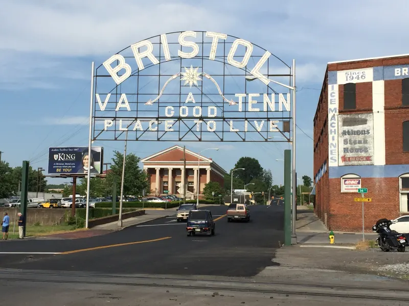 The sign over State Street in Bristol, which straddles the Virginia–Tennessee line